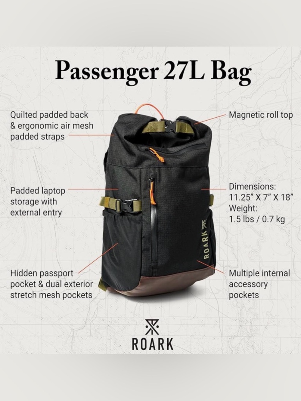 Roark Passenger 27L 2.0 Backpack, Travel Day Pack with Laptop Storage, Black - Picture 2 of 15